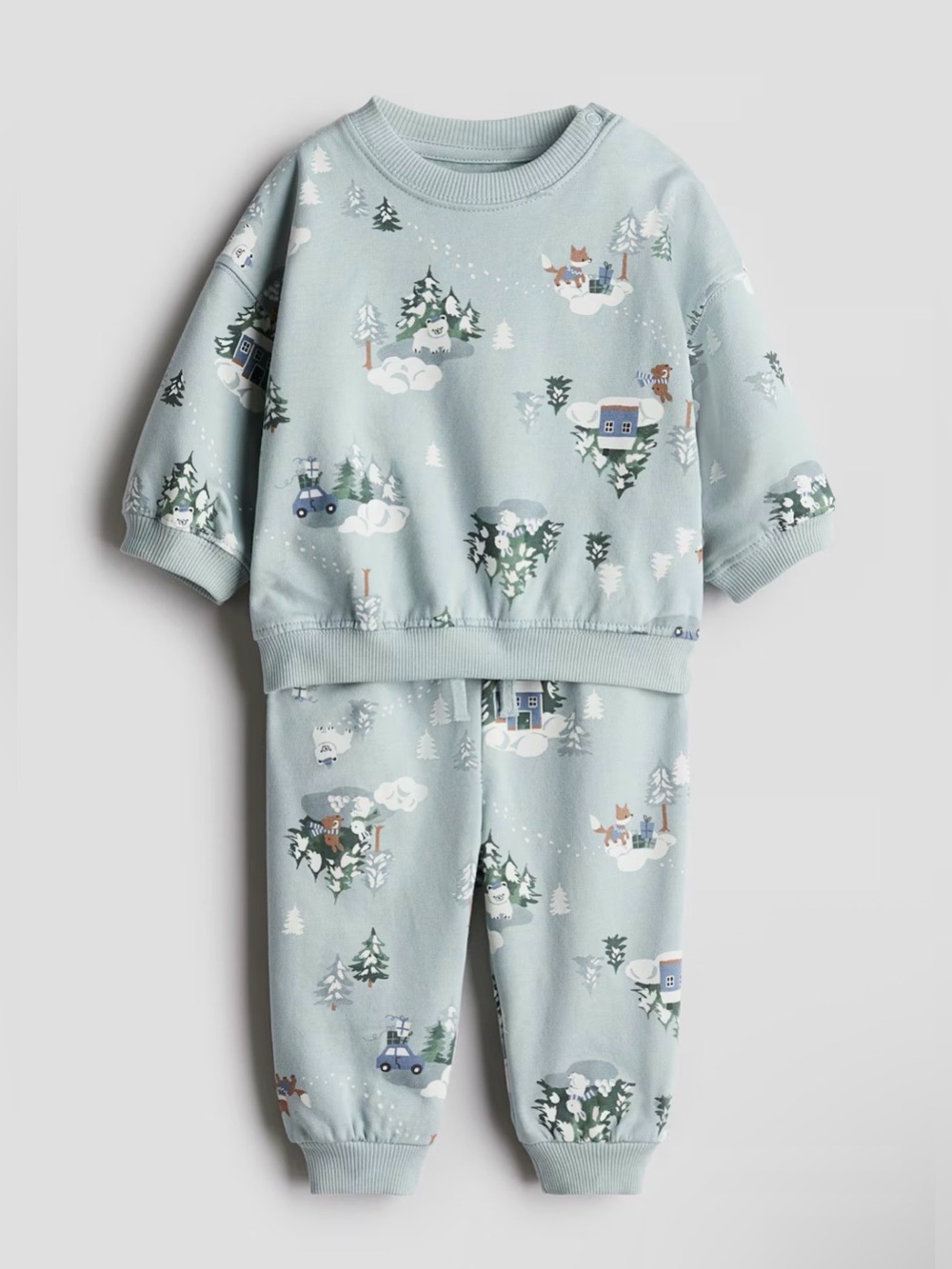 H&M 2-piece sweatshirt set in light turquoise featuring a winter animal print